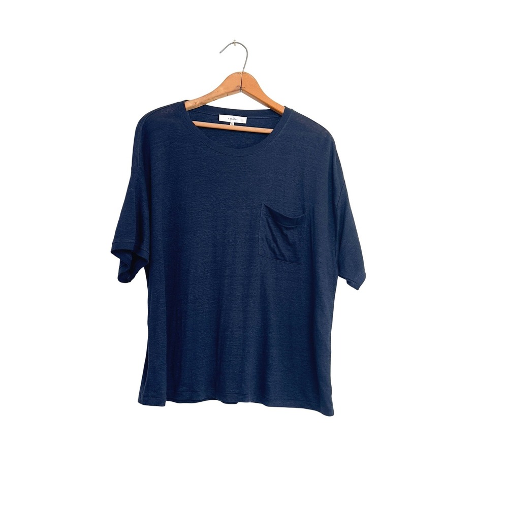 FRAME Women Navy Blue 100% Organic Linen Pocket T Shirt Size XL